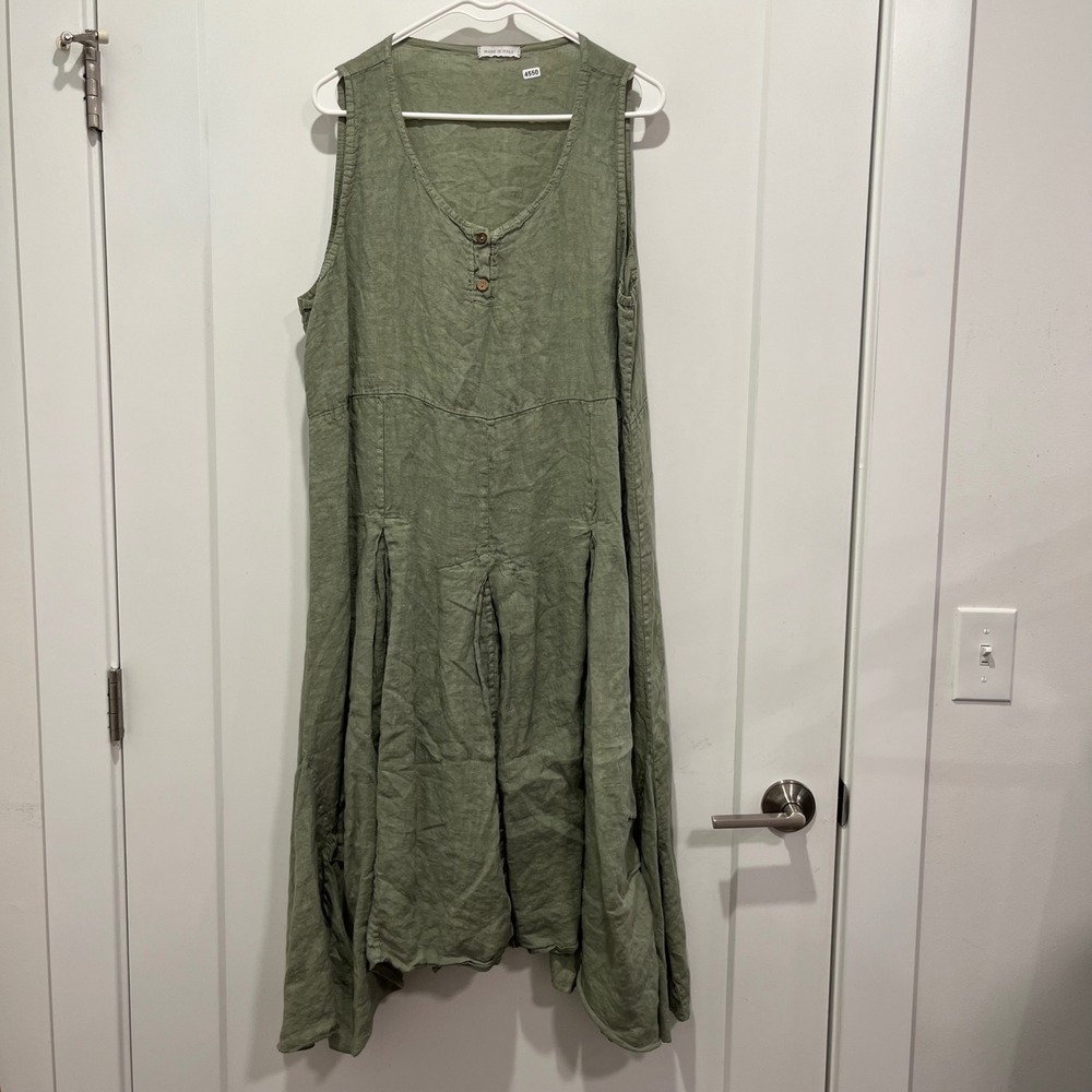 Made in Italy Green 100% Linen Sleeveless Handkerchief Hem Midi Dress 5207